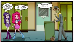 Size: 1035x591 | Tagged: safe, artist:anibaruthecat, derpibooru import, pinkie pie, rarity, equestria girls, boots, bracelet, clothes, cropped, door, explicit source, hallway, high heel boots, jewelry, lockers, pervert, raised leg, scruffy, skirt, trash can