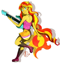 Size: 1024x1070 | Tagged: safe, artist:scarabdynasty1, derpibooru import, sunset shimmer, equestria girls, rainbow rocks, cutie mark background, guitar, ponied up, simple background, solo, transparent background