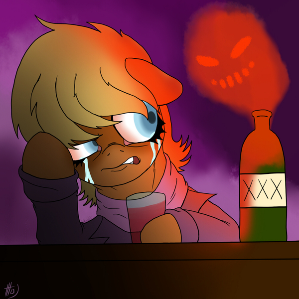 Size: 1000x1000 | Tagged: alcohol, alcoholism, artist:sovereignbooty, crying, demon, depression, derpibooru import, despair, drinking, drunk, holding head, ms. harshwhinny, sad, semi-grimdark, solo