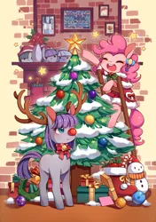 Size: 850x1205 | Tagged: antlers, artist:huaineko, christmas, christmas tree, chubbie, clothes, cute, decoration, derpibooru import, diapinkes, limestone pie, marble pie, maudabetes, maud pie, missing cutie mark, pinkie pie, pixiv, red nose, reindeer antlers, safe, scarf, smiling, snowman, tree, when she smiles