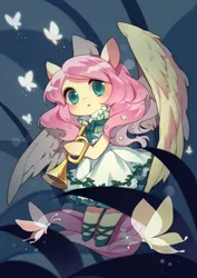 Size: 2480x3506 | Tagged: artist:huaineko, bugle, clothes, derpibooru import, dress, fairy, fluttershy, safe, shoes, solo