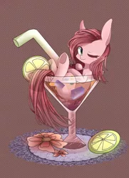 Size: 580x800 | Tagged: safe, artist:huaineko, derpibooru import, pinkie pie, pony, alcohol, cup, cup of pony, food, lemon, martini, micro, pinkamena diane pie, pixiv, solo, wet mane