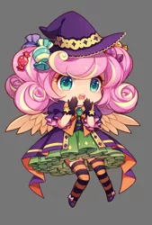 Size: 809x1200 | Tagged: artist:huaineko, candy, clothes, derpibooru import, fluttershy, food, halloween, human, humanized, pixiv, safe, socks, solo, stockings, striped socks, thigh highs, winged humanization, wings, witch