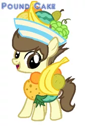 Size: 269x399 | Tagged: artist:shera5, bowl, colt, cute, derpibooru import, fruit, fruit bowl, fruit hat, hat, looking at you, male, older, pound cake, safe, simple background, smiling, solo, the cutie mark chronicles, white background