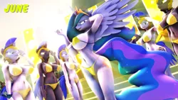 Size: 3840x2160 | Tagged: suggestive, artist:hooves-art, derpibooru import, princess celestia, alicorn, anthro, unicorn, 3d, armor, armpits, beautiful, bedroom eyes, belly button, bikini, breasts, busty princess celestia, calendar, cleavage, clothes, crown, cutie mark, ethereal mane, ethereal tail, eyes on the prize, female, females only, flowing mane, flowing tail, guardsmare, hair over one eye, helmet, jewelry, june, light, lip bite, looking at you, mare, midriff, multicolored mane, multicolored tail, praise the sun, regalia, royal guard, salute, seductive, sideboob, smiling, smirk, solaire of astora, source filmmaker, spread wings, stupid sexy celestia, swimsuit, tiara, unconvincing armor