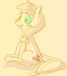 Size: 1400x1600 | Tagged: applejack, cute, derpibooru import, hatless, missing accessory, safe, simple background, sitting, smiling, solo, source needed