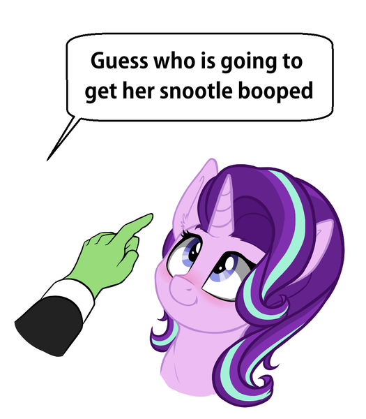 Size: 1000x1143 | Tagged: safe, artist:duop-qoub, derpibooru import, starlight glimmer, oc, oc:anon, human, pony, unicorn, blushing, boop, boop the snoot, cute, dialogue, ear fluff, eyes on the prize, female, finger, glimmerbetes, hand, imminent boop, looking at something, looking up, mare, simple background, smiling, snoot, speech bubble, white background