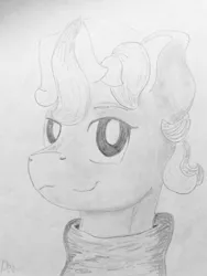 Size: 1080x1433 | Tagged: artist:andandampersand, bust, derpibooru import, monochrome, neck gaiter, oc, oc:dee valerie, pencil drawing, safe, solo, traditional art, unofficial characters only