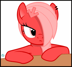 Size: 800x747 | Tagged: safe, artist:arifproject, derpibooru import, edit, oc, oc:downvote, ponified, unofficial characters only, pony, derpibooru, animated, blinking, derpibooru ponified, ear piercing, gif, hair over one eye, meta, piercing, simple background, solo, table, vector, white background
