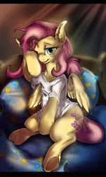 Size: 1781x2949 | Tagged: artist:kredke, artist:moonboomboom, bed, bed hair, bed mane, chest fluff, clothes, crepuscular rays, cute, derpibooru import, ear fluff, fluttershy, lidded eyes, looking at you, messy mane, morning ponies, one eye closed, safe, shirt, shyabetes, sitting, smiling, solo, t-shirt, underhoof