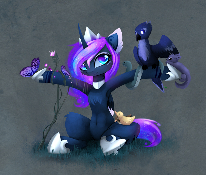 Size: 3179x2702 | Tagged: safe, artist:magnaluna, derpibooru import, princess luna, alicorn, bird, butterfly, duck, pony, semi-anthro, snake, abstract background, animal, armpits, beautiful, colored pupils, curved horn, cute, dark background, eyeshadow, female, floppy ears, flower, fluffy, galaxy mane, jewelry, looking at you, lunabetes, makeup, mare, outstretched arms, sitting, smiling, solo