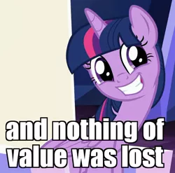 Size: 510x503 | Tagged: safe, derpibooru import, edit, edited screencap, screencap, twilight sparkle, twilight sparkle (alicorn), alicorn, pony, to where and back again, and nothing of value was lost, cute, eye shimmer, grin, image macro, loop, meme, sitting, smiling, solo, squee, the critic, throne, twiabetes