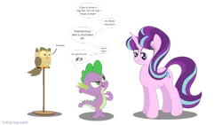 Size: 1024x576 | Tagged: artist:greycat-rademenes, derpibooru import, dialogue, looking at each other, open mouth, owlowiscious, pointing, safe, simple background, speech bubble, spike, starlight glimmer, transparent background, wavy mouth