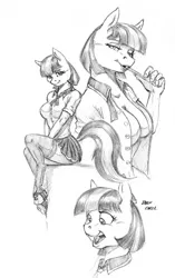 Size: 1000x1588 | Tagged: anthro, artist:baron engel, bedroom eyes, big breasts, breasts, busty coco pommel, clothes, coco pommel, derpibooru import, female, looking at you, monochrome, open clothes, open mouth, pencil drawing, pleated skirt, shoes, sitting, sketch, skirt, skirt lift, socks, solo, solo female, stockings, suggestive, teasing, thigh highs, traditional art, unbuttoned, unguligrade anthro