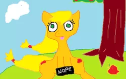 Size: 704x443 | Tagged: artist needed, source needed, safe, derpibooru import, applejack, 1000 hours in ms paint, apple, censor bar, censored, food, ms paint, nope, solo, tongue out, tree