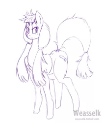 Size: 841x1000 | Tagged: safe, artist:weasselk, derpibooru import, crosscut mccolt, earth pony, pony, background pony, cutie mark, dock, doodle, female, freckles, mare, mccolt family, monochrome, raised tail, saw, serious, serious face, simple background, solo, tail, white background