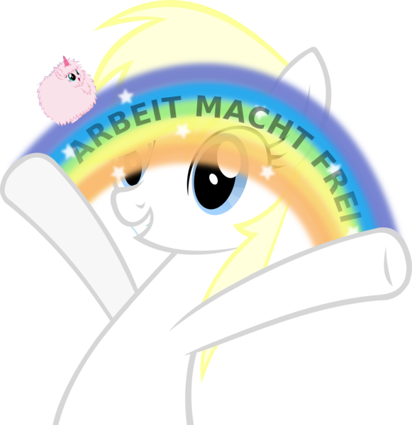 Size: 3004x3100 | Tagged: safe, artist:accu, deleted from derpibooru, derpibooru import, edit, oc, oc:aryanne, oc:fluffle puff, unofficial characters only, earth pony, pony, arbeit macht frei, auschwitz, female, happy, imagination, legs in air, nazi, pink fluffy unicorns dancing on rainbows, rainbow, tiny ponies, vector