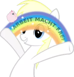 Size: 3004x3100 | Tagged: safe, artist:accu, deleted from derpibooru, derpibooru import, edit, oc, oc:aryanne, oc:fluffle puff, unofficial characters only, earth pony, pony, arbeit macht frei, auschwitz, female, happy, imagination, legs in air, nazi, pink fluffy unicorns dancing on rainbows, rainbow, tiny ponies, vector