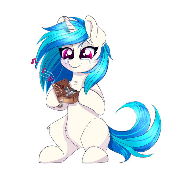 Size: 750x687 | Tagged: safe, artist:confetticakez, derpibooru import, octavia melody, vinyl scratch, crying, music box, simple background, solo, tears of joy, white background