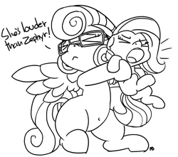 Size: 1280x1129 | Tagged: safe, artist:pabbley, derpibooru import, fluttershy, posey shy, pony, belly button, dialogue, eyes closed, female, filly, filly fluttershy, glasses, holding a pony, lineart, missing cutie mark, monochrome, screaming, simple background, spread wings, white background, younger