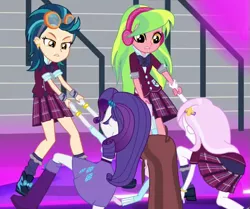 Size: 533x445 | Tagged: safe, derpibooru import, screencap, fleur-de-lis, indigo zap, lemon zest, rarity, velvet sky, equestria girls, friendship games, boots, bracelet, clothes, cropped, headphones, high heel boots, jewelry, skirt