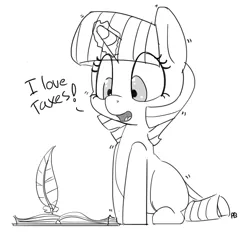 Size: 1280x1216 | Tagged: artist:pabbley, derpibooru import, dialogue, grayscale, levitation, magic, missing cutie mark, monochrome, open mouth, quill, safe, simple background, sitting, solo, taxes, telekinesis, that pony sure does love taxes, twilight sparkle, white background, writing