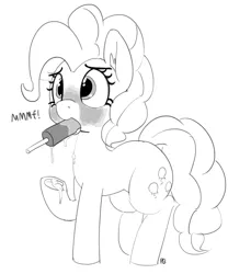 Size: 1280x1538 | Tagged: suggestive, artist:pabbley, derpibooru import, pinkie pie, blushing, food, grayscale, monochrome, mouth hold, popsicle, simple background, solo, underhoof, white background