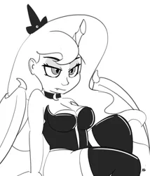 Size: 1280x1495 | Tagged: suggestive, artist:pabbley, derpibooru import, nightmare moon, equestria girls, breasts, cleavage, equestria girls-ified, female, monochrome, simple background, solo, solo female, white background