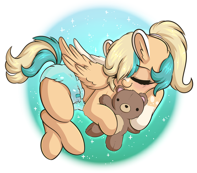 Size: 3962x3489 | Tagged: safe, artist:wickedsilly, derpibooru import, oc, oc:sun light, unofficial characters only, pegasus, pony, baby, baby pony, cute, diaper, sleeping, sleepy, solo, teddy bear