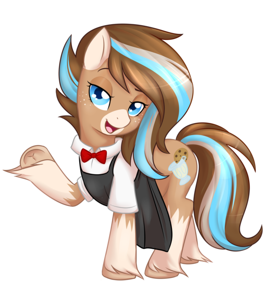 Size: 3000x3337 | Tagged: safe, artist:askbubblelee, derpibooru import, oc, oc:milkshake soggy, unofficial characters only, earth pony, pony, apron, blue eyes, bowtie, clothes, female, freckles, lidded eyes, looking at you, mare, multicolored hair, open mouth, raised eyebrow, raised hoof, shirt, simple background, smiling, solo, transparent background, underhoof, unshorn fetlocks, white shirt