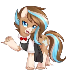 Size: 3000x3337 | Tagged: safe, artist:askbubblelee, derpibooru import, oc, oc:milkshake soggy, unofficial characters only, earth pony, pony, apron, blue eyes, bowtie, clothes, female, freckles, lidded eyes, looking at you, mare, multicolored hair, open mouth, raised eyebrow, raised hoof, shirt, simple background, smiling, solo, transparent background, underhoof, unshorn fetlocks, white shirt