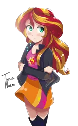 Size: 1074x1737 | Tagged: safe, artist:tanianoemi, derpibooru import, sunset shimmer, equestria girls, anime, boots, clothes, crossed arms, cute, human coloration, jacket, leather jacket, simple background, skirt, skirt lift, solo, transparent background