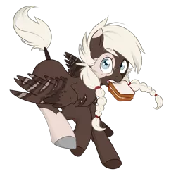 Size: 2940x3024 | Tagged: safe, artist:askbubblelee, derpibooru import, oc, oc:fluffernutter, unofficial characters only, pegasus, pony, blank flank, braid, bread, food, looking at you, male, mouth hold, pigtails, raised hoof, sandwich, simple background, solo, stallion, transparent background, white hair