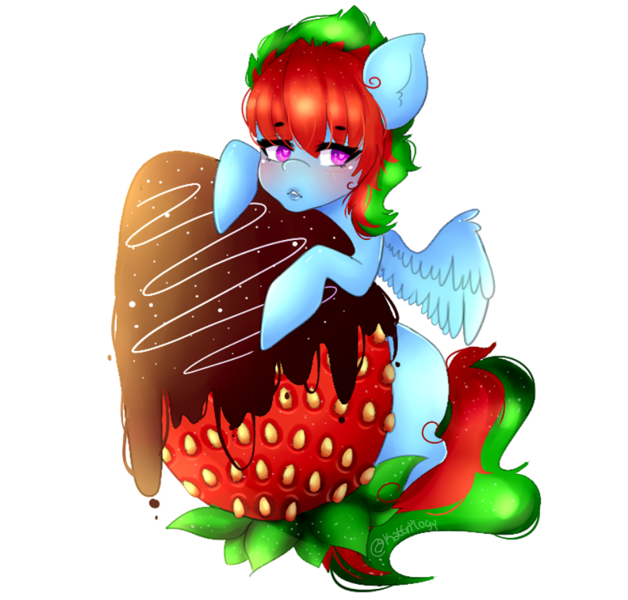 Size: 900x860 | Tagged: safe, artist:kattrilogy, deleted from derpibooru, derpibooru import, oc, oc:nazarino, unofficial characters only, pegasus, pony, blushing, chocolate, food, heart eyes, impossibly large strawberry, rule 63, simple background, solo, strawberry, transparent background, wingding eyes