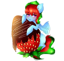 Size: 900x860 | Tagged: safe, artist:kattrilogy, deleted from derpibooru, derpibooru import, oc, oc:nazarino, unofficial characters only, pegasus, pony, blushing, chocolate, food, heart eyes, impossibly large strawberry, rule 63, simple background, solo, strawberry, transparent background, wingding eyes