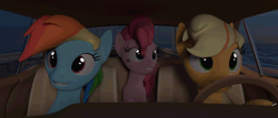 Size: 1260x540 | Tagged: dead source, safe, artist:arctic-pony, derpibooru import, applejack, pinkie pie, rainbow dash, earth pony, pegasus, pony, 3d, animated, blender, bridge, car, cycles, driving, female, gif, grin, headbob, mare, meme, night at the roxbury, open mouth, smiling, what is love