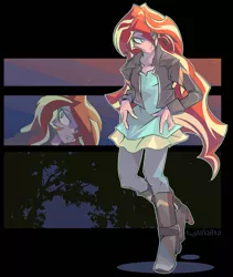 Size: 1600x1892 | Tagged: safe, artist:tyuubatu, derpibooru import, sunset shimmer, equestria girls, boots, clothes, human coloration, jacket, leather jacket, lidded eyes, silhouette, solo, tree