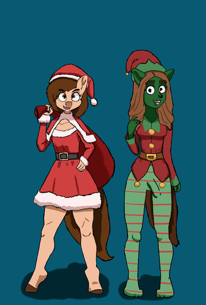 Size: 1181x1748 | Tagged: anthro, anthro oc, artist:wateris, christmas, clothes, costume, crossdressing, crotch bulge, derpibooru import, femboy, male, non-mlp oc, oc, oc:cinnamon buns, questionable, santa costume, unofficial characters only