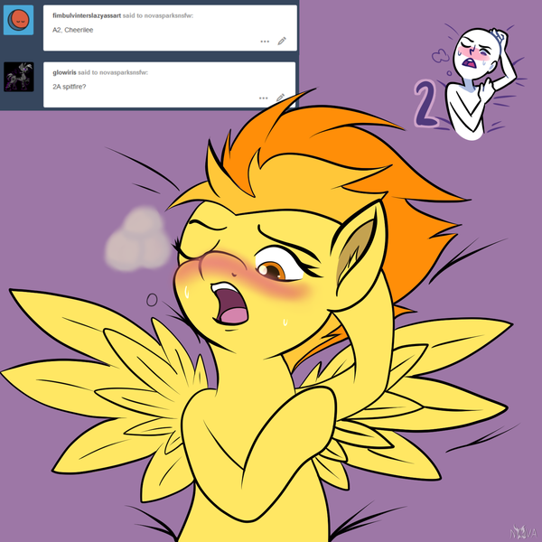 Size: 1500x1500 | Tagged: suggestive, artist:novaspark, derpibooru import, spitfire, pegasus, pony, ahegao, ahego meme, blushing, blushing profusely, female, implied sex, open mouth, panting, solo, solo female, sweat