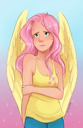 Size: 1500x2300 | Tagged: artist:kodabomb, breasts, cleavage, clothes, colored pupils, cute, derpibooru import, female, fluttershy, human, humanized, pants, safe, shyabetes, simple background, small breasts, smiling, solo, tanktop, winged humanization, wings