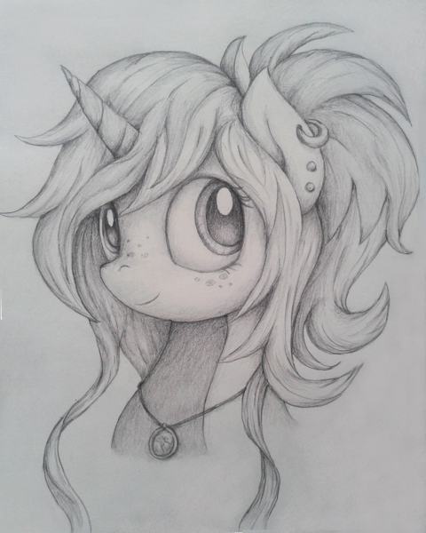 Size: 1912x2392 | Tagged: safe, artist:thebowtieone, derpibooru import, oc, oc:exo, unofficial characters only, pony, unicorn, bust, female, mare, monochrome, portrait, solo, traditional art