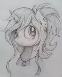 Size: 1912x2392 | Tagged: safe, artist:thebowtieone, derpibooru import, oc, oc:exo, unofficial characters only, pony, unicorn, bust, female, mare, monochrome, portrait, solo, traditional art