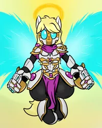 Size: 800x1000 | Tagged: safe, artist:happydeadpony, derpibooru import, oc, oc:messa, unofficial characters only, pony, angel, angelic, armor, artificial wings, augmented, blonde, clothes, colored, female, fire halo, gun, halo, helmet, hips, holy, holy halo, magic, magic wings, mare, mask, pose, scarf, solo, weapon, wings