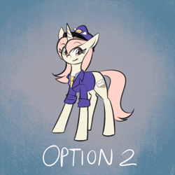 Size: 750x750 | Tagged: safe, artist:its-gloomy, derpibooru import, oc, oc:marathon, unofficial characters only, unicorn, animated, ask-marathon, blue background, clothes, gif, looking at you, mailmare, necktie, options, simple background, smiling, solo, uniform