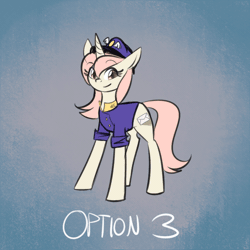 Size: 750x750 | Tagged: safe, artist:its-gloomy, derpibooru import, oc, oc:marathon, unofficial characters only, unicorn, animated, ask-marathon, blue background, clothes, gif, looking at you, mailmare, options, simple background, smiling, solo, uniform