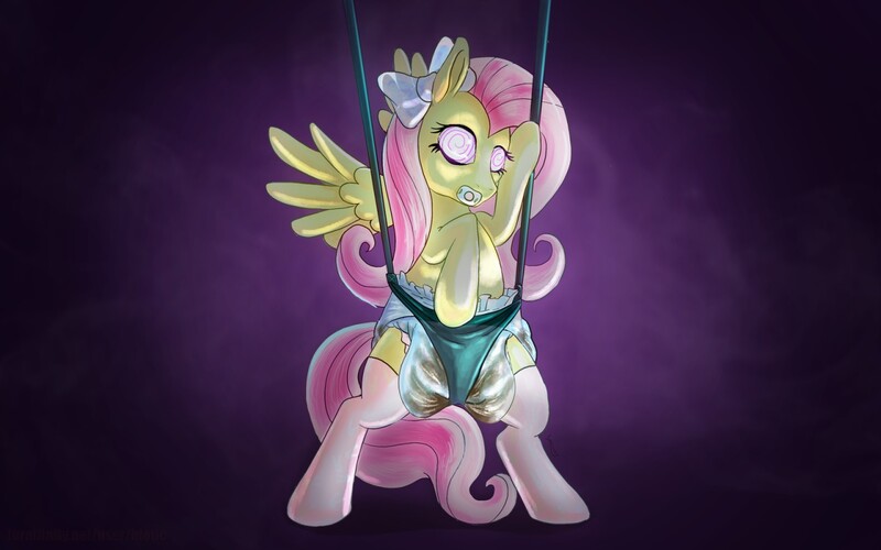 Size: 1280x800 | Tagged: adult foal, artist:biotic, baby bouncer, bad end, bow, clothes, derpibooru import, diaper, diaper fetish, fluttershy, hypnosis, hypnotized, mental regression, messy diaper, pacifier, poop, poopy diaper, questionable, socks, solo, super crinkle pony adventure 64, swirly eyes