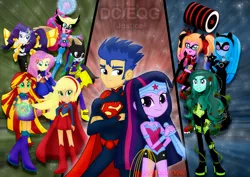 Size: 1600x1131 | Tagged: safe, artist:jucamovi1992, derpibooru import, applejack, flash sentry, fluttershy, pinkie pie, rainbow dash, rarity, sunset shimmer, twilight sparkle, oc, oc:aglaope, oc:piscis, oc:radne, equestria girls, bare shoulders, batgirl, bumblebee, cape, catwoman, clothes, dark stars, dc comics, flashlight, harley quinn, hawkgirl, male, mane six, mermaids, miss martian, poison ivy, shipping, sleeveless, starfire, straight, strapless, supergirl, superman, wonder woman