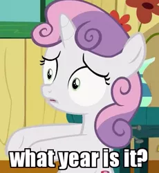 Size: 437x475 | Tagged: confused, derpibooru import, edit, edited screencap, image macro, meme, reaction image, safe, screencap, solo, sweetie belle, the fault in our cutie marks, time
