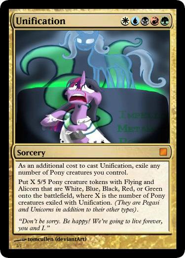 Size: 375x523 | Tagged: grimdark, artist:tomcullen, derpibooru import, edit, editor:mordekaiserhuehuehue, trixie, twilight sparkle, pony, unicorn, fallout equestria, fanfic, card, fanfic art, female, hooves, horn, magic the gathering, mare, maripony, ministry mares, open mouth, splendid valley, teeth, text, the goddess, trading card, trading card edit, vat