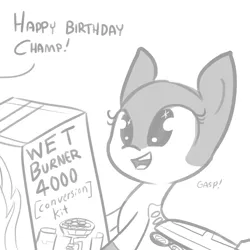 Size: 1280x1280 | Tagged: safe, artist:tjpones, derpibooru import, oc, unofficial characters only, original species, plane pony, pony, birthday, cute, dialogue, gasp, grayscale, hoof hold, liquid rocket engine, monochrome, offscreen character, open mouth, plane, simple background, smiling, solo, starry eyes, white background, wingding eyes